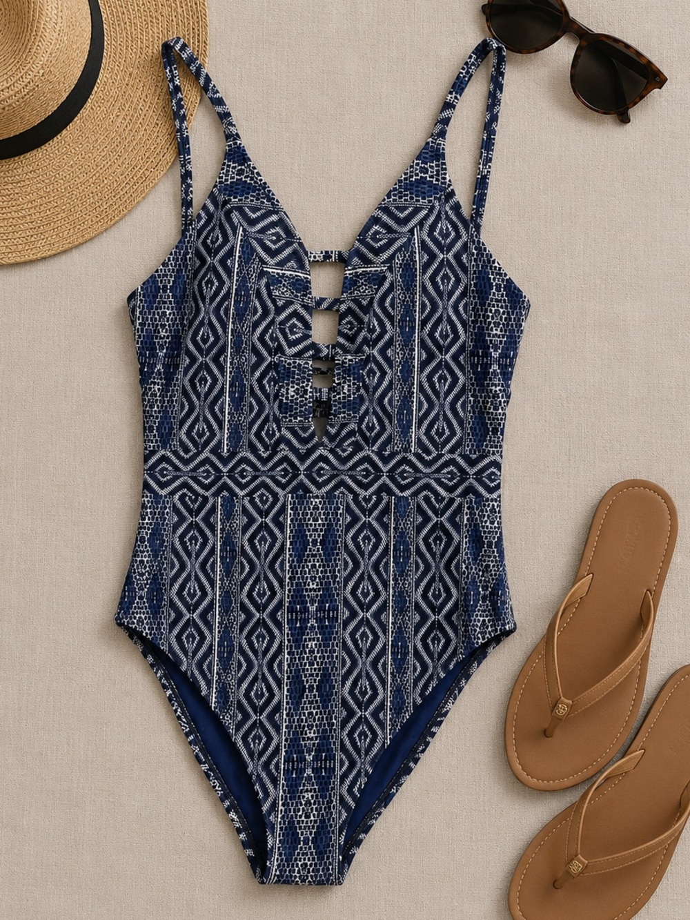 La Blanca Blue Geo-Print One-Piece with Keyhole Front Detail